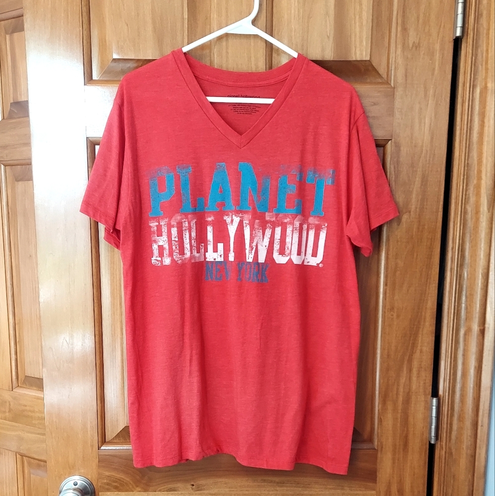 * Planet Hollywood NY V-Neck Coral Red Heather Tee Shirt, Size Large, Like New
